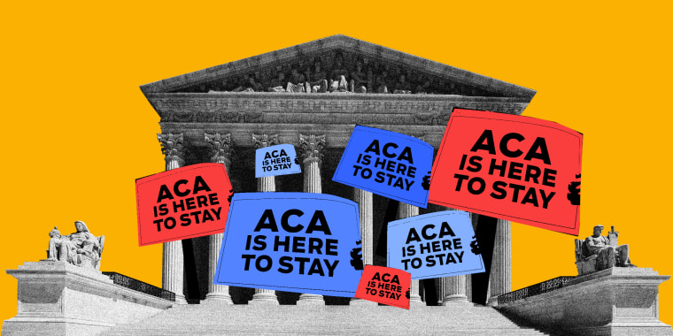 Photo illustration: Seven boards coming out of the Supreme Court building read as,\"ACA is here to stay\".