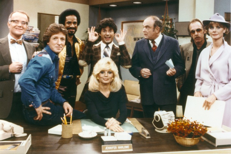 Cast members, from left, Richard Sanders, Gary Sandy, Tim Reid, Frank Bonner (in back), Loni Anderson, Gordon Jump, Howard Hesseman and Jan Smithers star in the CBS television series "WKRP in Cincinnati" in 1979.