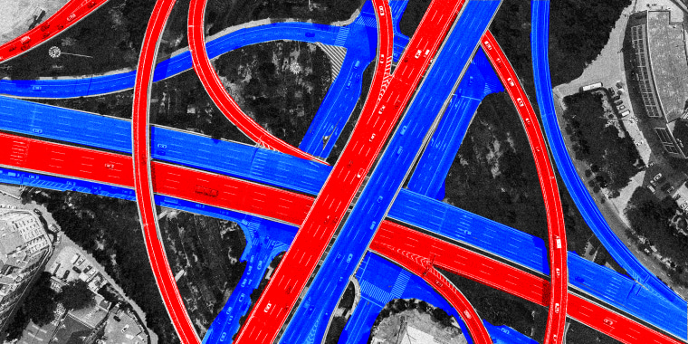 Photo illustration: Aerial view of red and blue colored highways crossing over each other.