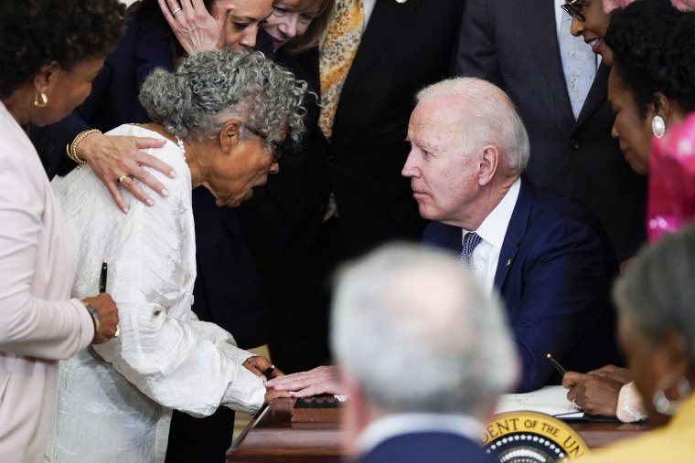 President Joe Biden speaks with Opal Lee after he signed the Juneteenth National Independence Day Act at the White House on June 17, 2021.