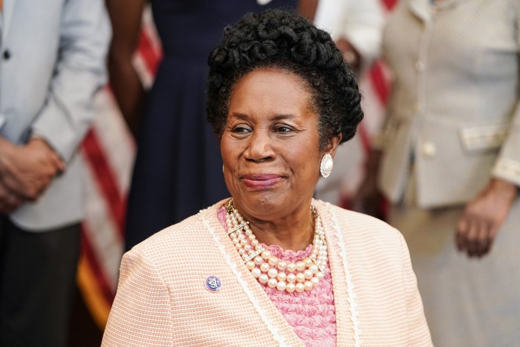 Rep. Sheila Jackson Lee, D-Texas, waits for Speaker of the House Nancy Pelosi, D-Calif., to arrive for a bill enrollment signing ceremony for the Juneteenth National Independence Day Act on June 17, 2021 on Capitol Hill.