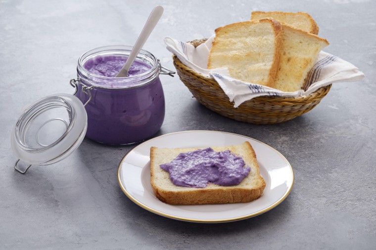 ube halaya( purple yam jam) toast, Philippine food