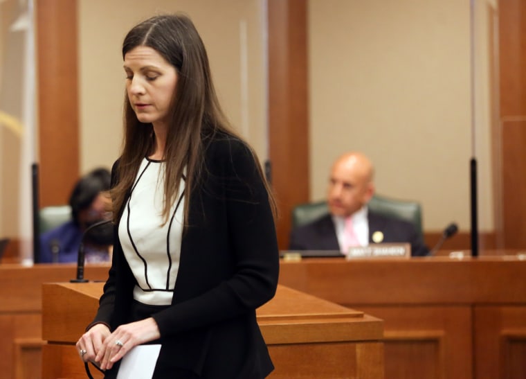 Image: Ann Marie Timmerman after giving her statement during a hearing in Austin on March 30, 2021.