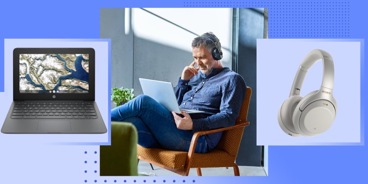 Mature man listening to music on laptop, headphones and a laptop all on sale on Best Buy. Best Buy Prime Day deals are here. Shop Best Buy's alternative to Amazon Prime Day with sales on TVs, headphones, Apple products, Samsung products and more.