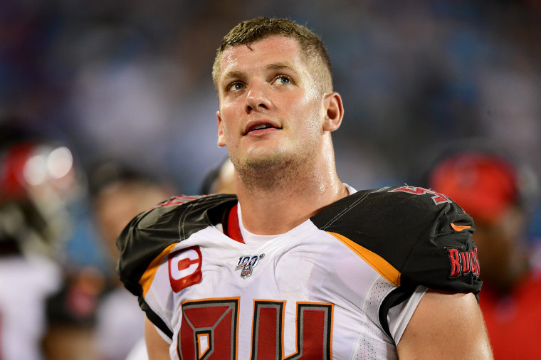 Carl Nassib of the Tampa Bay Buccaneers looks up in the second half during their game against the Carolina Panthers on Sept. 12, 2019, in Charlotte, N.C.