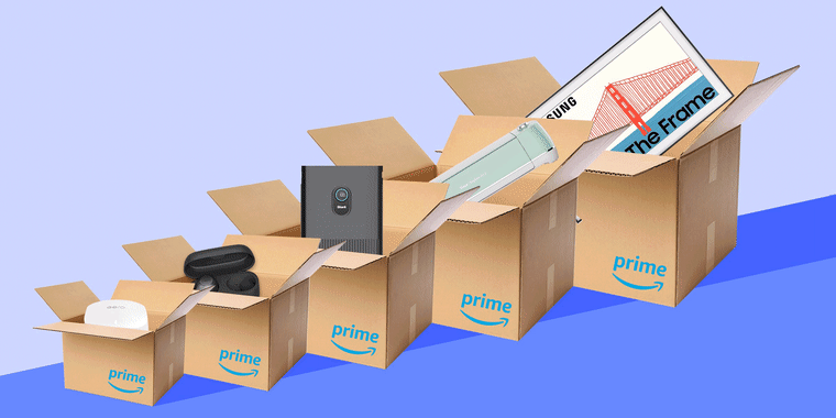 Illustration of different items still on sale on Amazon, popping out of a Prime box.  Prime Day deals are still available. Shop the best sales and deals of Amazon Prime Day 2021 before they're gone including Prime Day TV deals and more.