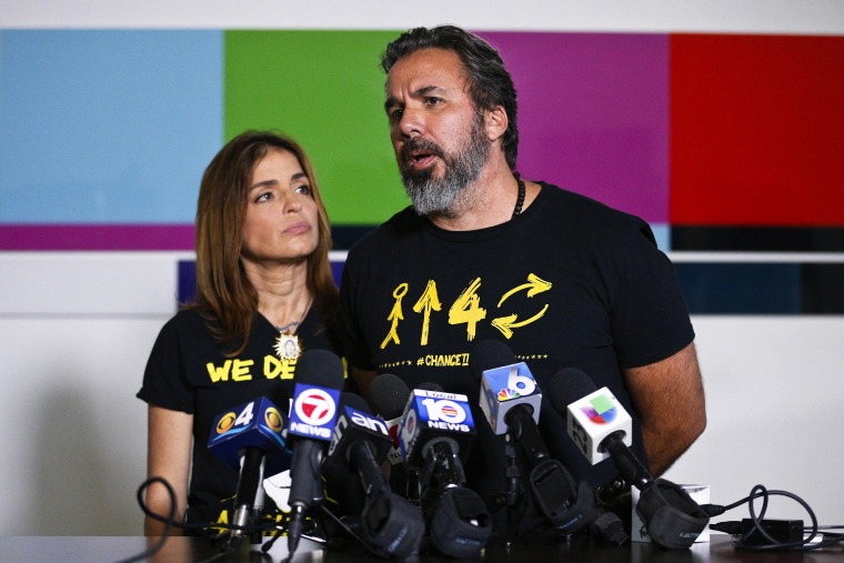 Manuel and Patricia Oliver, parents of Parkland high school shooting victim Joaquin Oliver, speak to the media in Miami on June 5, 2018.