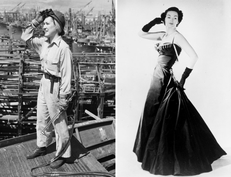 Image: Betty Smith, a pipe-burner at a California shipyard during World War II in 1944; Barbara Goalen models an evening dress from Dior's 'New Look' in 1947.