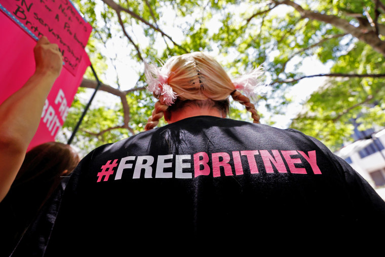 A person protests in support of Britney Spears on the day of a conservatorship case hearing at Stanley Mosk Courthouse in Los Angeles on June 23, 2021.