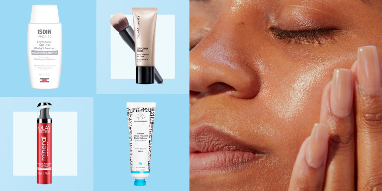 Illustration of 4 different sunscreen moisturizers with SPF and a Woman rubbing lotion on her cheek. See the best face moisturizers with sunscreen to try in 2021. Shop moisturizers with SPF from Olay, Drunk Elephant, Fenty Skin and more to protect your sk