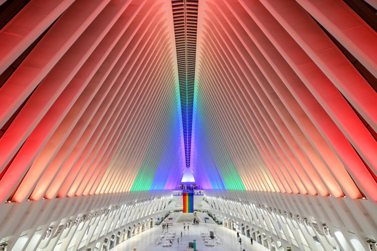 The Oculus transit hub at One World Trade Center lights up in Pride colors on June 26, 2021, in New York.