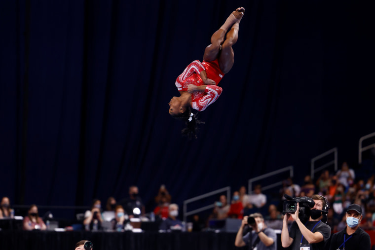 Image: Simone Biles at the U.S. Women's Olympic Gymnastics trials in St Louis