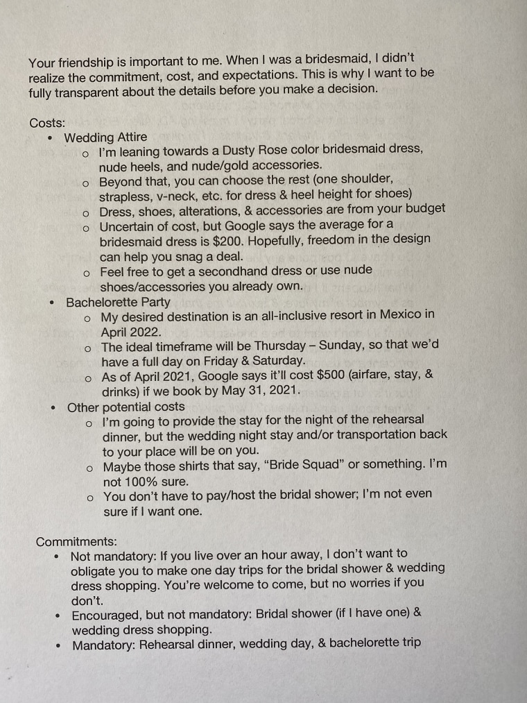 The first page of Torres' list included expectations for people's attire and some events. 