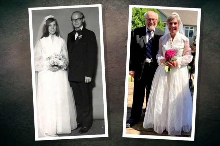 On the left, Helen and Emory swapped vows for the first time in 1970,at St. Mary’s Catholic Church in Sigourney, Iowa. On the right, the couple dressed for the part again last year, with Helen wearing her original wedding gown, in a photo they sent out to friends and family when they cancelled their 50th anniversary party. 