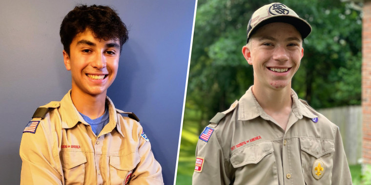 Boy Scouts Dominic Viet (left) and Joseph Diener (right) rescued a woman from drowning in floodwaters in Columbia, Missouri on June 25, 2021.