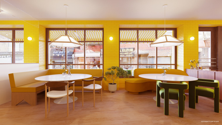 Inside of a restaurant with empty tables