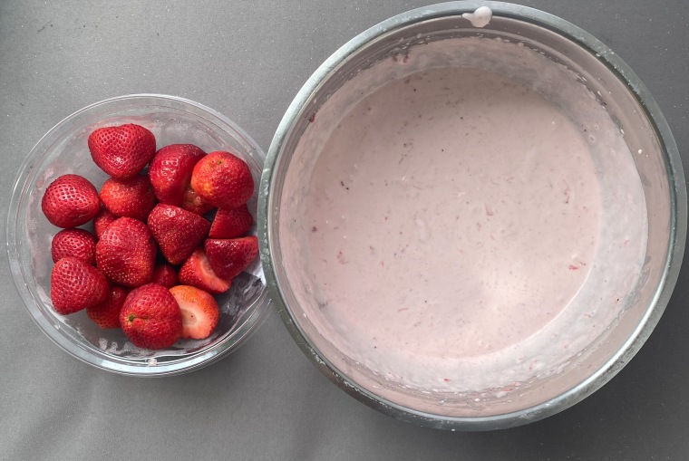 Strawberries, sugar and cream are combined to make an ice-cream-like filling for these sweet squares.