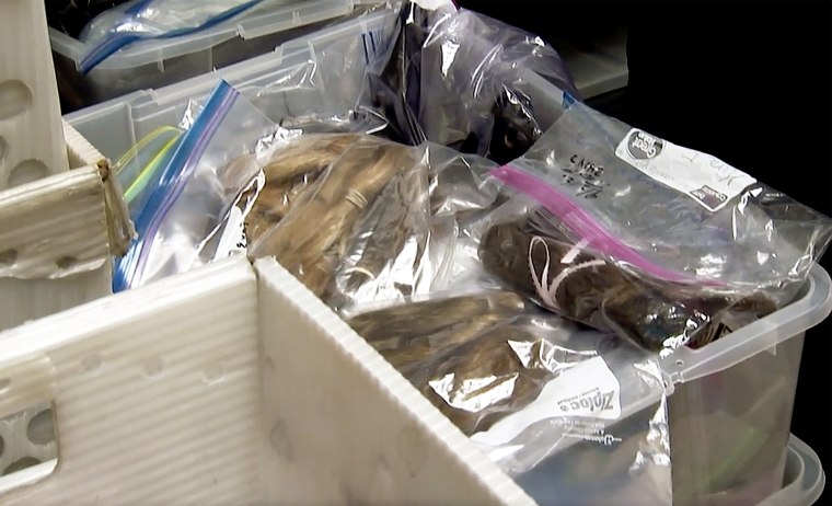 Box full of ponytails in different colors