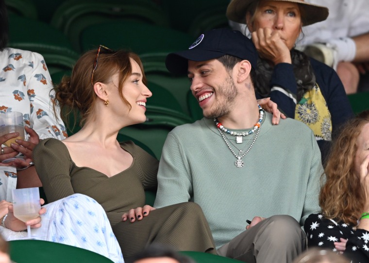 Phoebe Dynevor and Pete Davidson hosted by Lanson attend day 6 of the Wimbledon Tennis Championships at the All England Lawn Tennis and Croquet Club on July 03, 2021.
