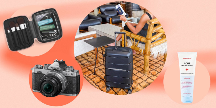 Illustration of a Nikon Camera, Away Cosmetic Bag; Acnea Cleanser and a Woman with her Samsonite suitcase