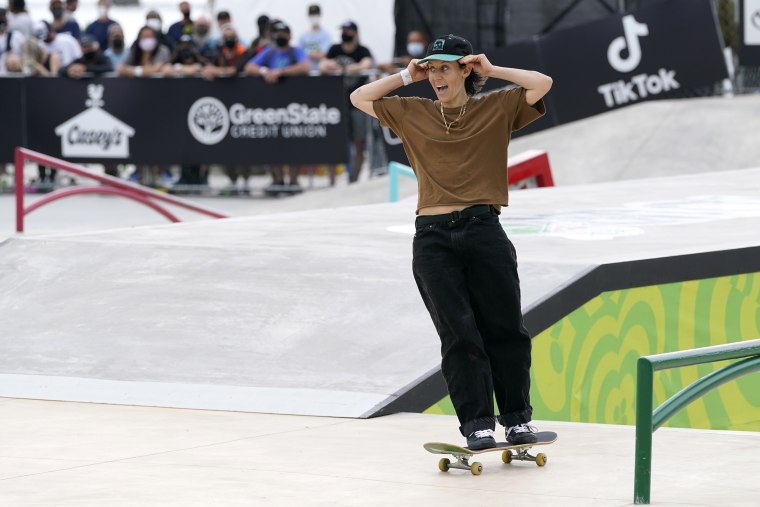 Image: Alexis Sablone, of the United States, after her run in the Olympic qualifying skateboard event on May 22, 2021, in Des Moines, Iowa.