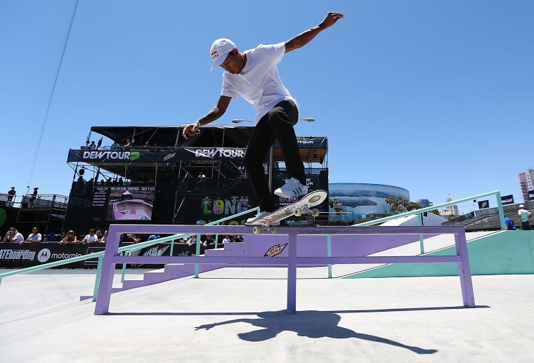 Image: Felipe Gustavo during a practice session at the Dew Tour Skate Competition on June 16, 2017 in Long Beach, Calif.