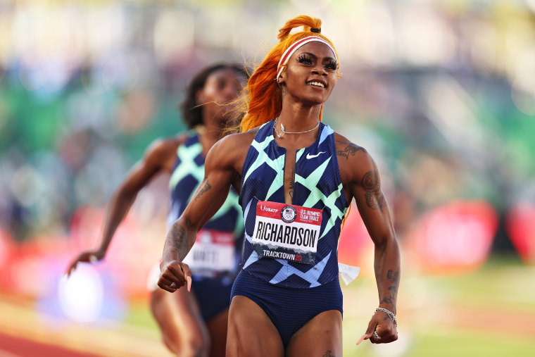 Image: Sha'Carri Richardson runs in the Women's 100 Meter semifinal on day 2 of the 2020 U.S. Olympic Track and Field Team Trials at Hayward Field on June 19, 2021 in Eugene, Ore.