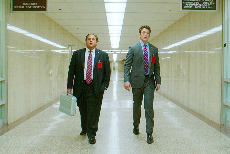 Jonah Hill and Miles Teller in \"War Dogs\" in 2016.