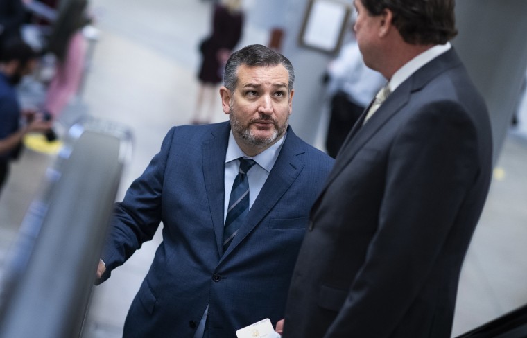 Sens. Ted Cruz, R-Texas, left, and Bill Hagerty, R-Tenn., are seen in the senate subway during a vote in the Capitol on June 10, 2021.