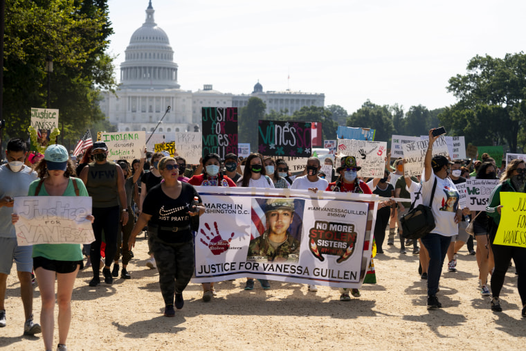 Supporters of the family of slain Army Spc Vanessa Guillen march to the White House on July 30, 2020.