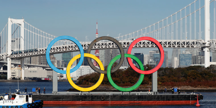 Olympic rings reinstallation at the waterfront area at Odaiba Marine Park in Tokyo