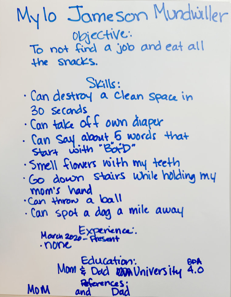 Maggie Mundwiller and her husband Andy had fun devising a "resume" for their 1-year-old, Mylo, to take to her job interview. Among his talents: smelling flowers with his teeth and taking his diaper off by himself.