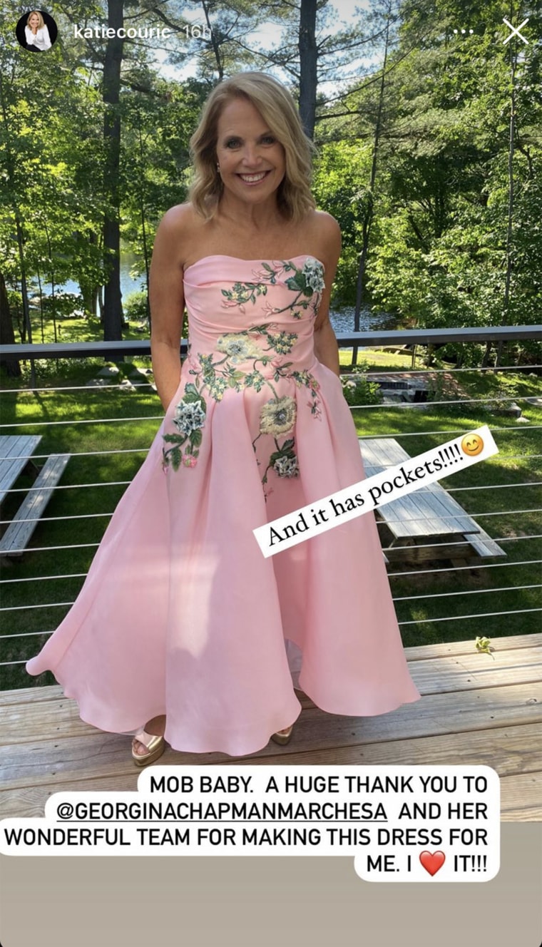 Katie Couric wore a blush-pink design by Marchesa for her daughter's big day.