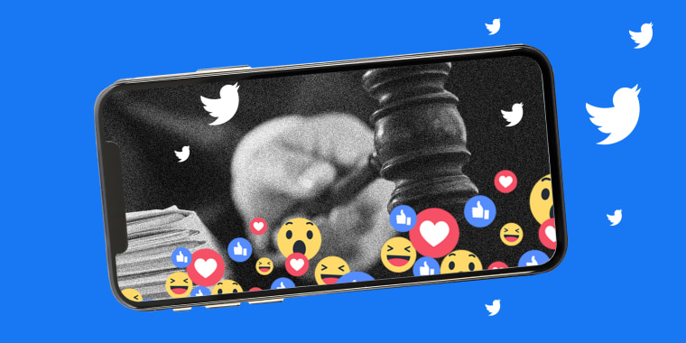 Photo illustration: Multiple emojis and twitter logos over phone with an image of a hand holding a gavel.