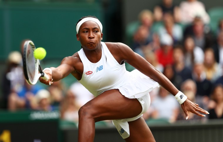 Coco Gauff stretches to play a forehand in her fourth round Wimbledon match against Germany's Angelique Kerber on July 05, 2021, in London.