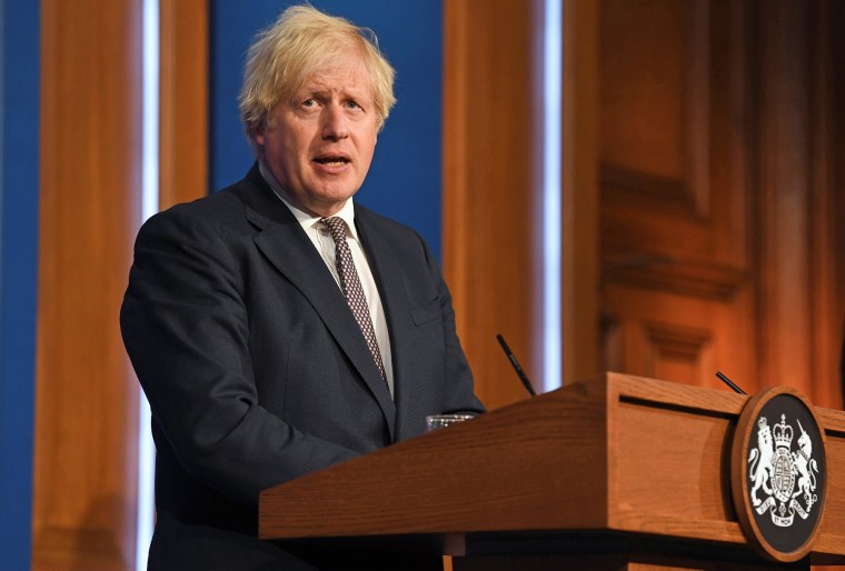 Image: British Prime Minister Boris Johnson holds a news conference for England's Covid-19 lockdown easing announcement in London