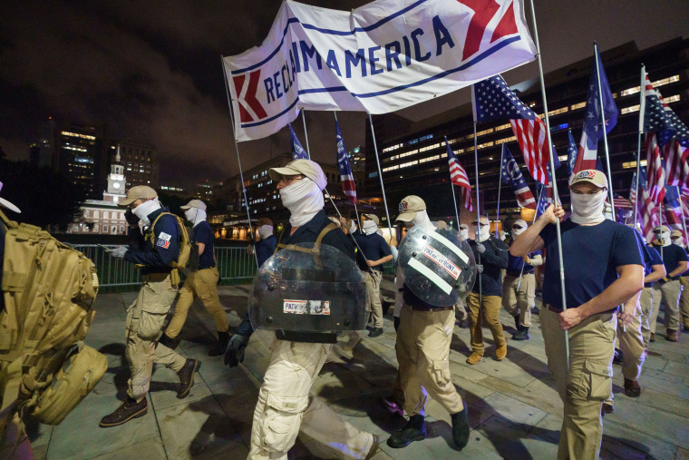 Members of the Patriot Front, a white supremacist group, march in Philadelphia, on July 3, 2021.