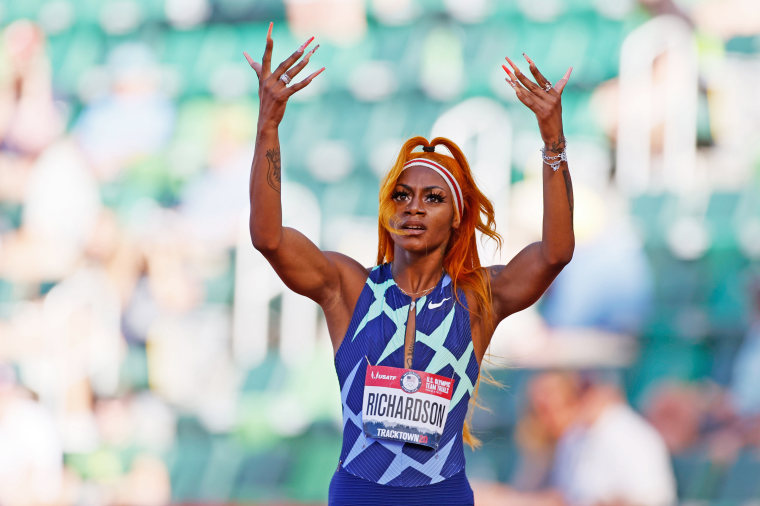 Sha'Carri Richardson reacts after competing in the Women's 100 Meter Semi-finals on the second day of the 2020 U.S. Olympic Track and Field Team Trials on June 19, 2021, in Eugene, Ore.