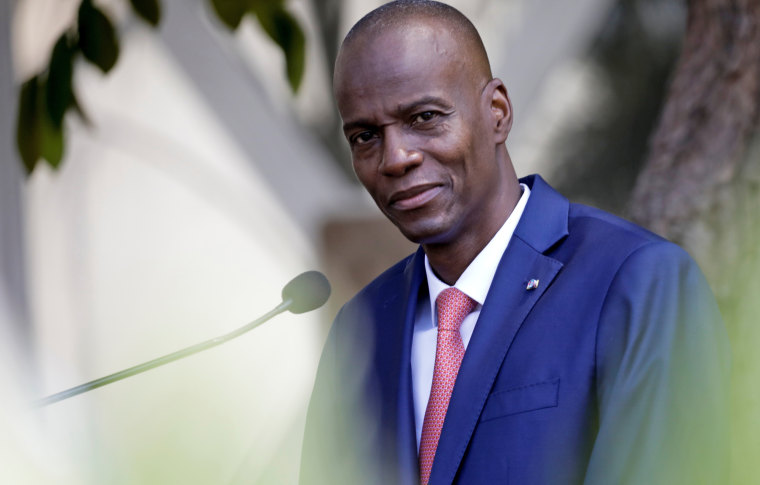 Haiti's President Jovenel Moise addresses the media in Port-au-Prince