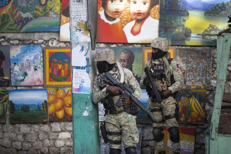 Image: Soldiers patrol in Petion Ville, the neighborhood where the late Haitian President Jovenel Mo?se lived in Port-au-Prince, Haiti, on July 7, 2021.