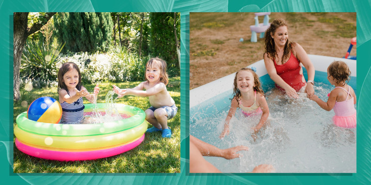 Two children having fun in inflatable swimming pool and Portrait of two happy girls in an inflatable swimming pool with parents