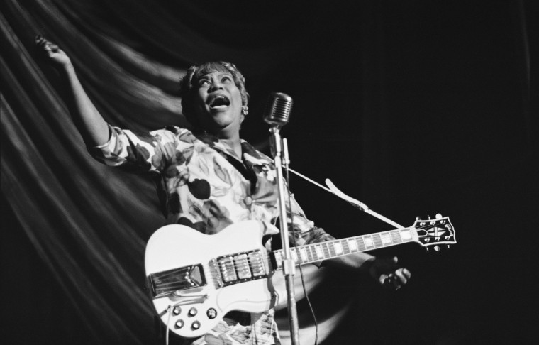 American gospel singer Sister Rosetta Tharpe performs at a Blues and Gospel Caravan tour in the U.K. in 1964.