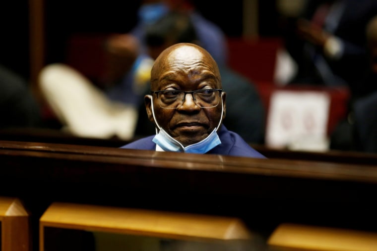 Former South African President Jacob Zuma sits in the dock after recess in his corruption trial in Pietermaritzburg on May 26, 2021.