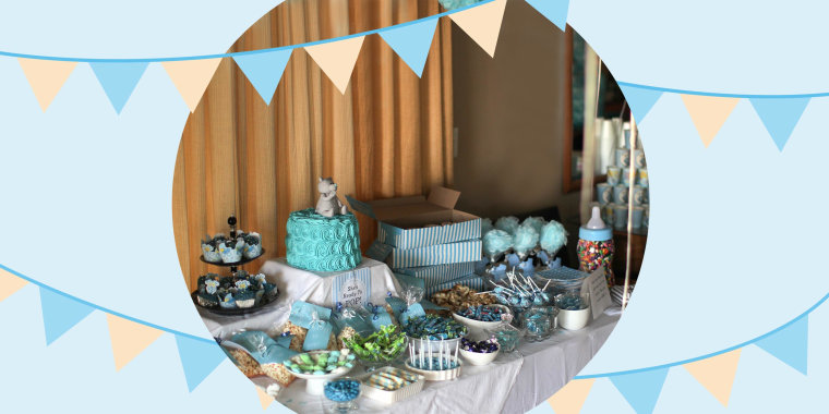 Illustration of a Baby shower table set up with gifts and food