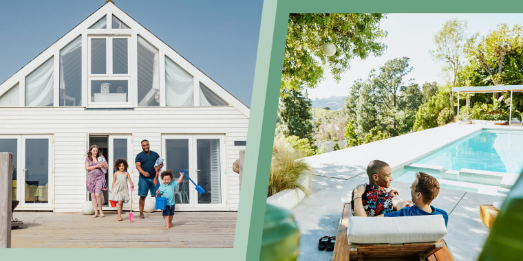 Image of a Smiling gay couple sitting together on lounge chair on pool deck of vacation rental and Young family walking outdoors at beach house