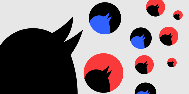 Illustration: Fragment of the Twitter logo repeated in blue, red and black colors.