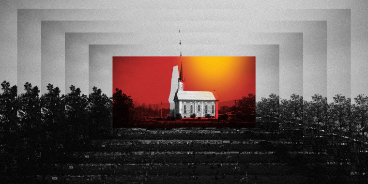 Illustration of a photo of an Evangelical Church in Pennsylvania becoming smaller and outlined in red.