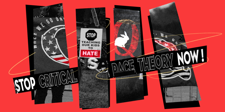 Photo collage: Images of QAnon supporters holding its flag and signs that read,\"Stop Critical Race Theory Now!\" and \"Stop teaching our kids to hate\".