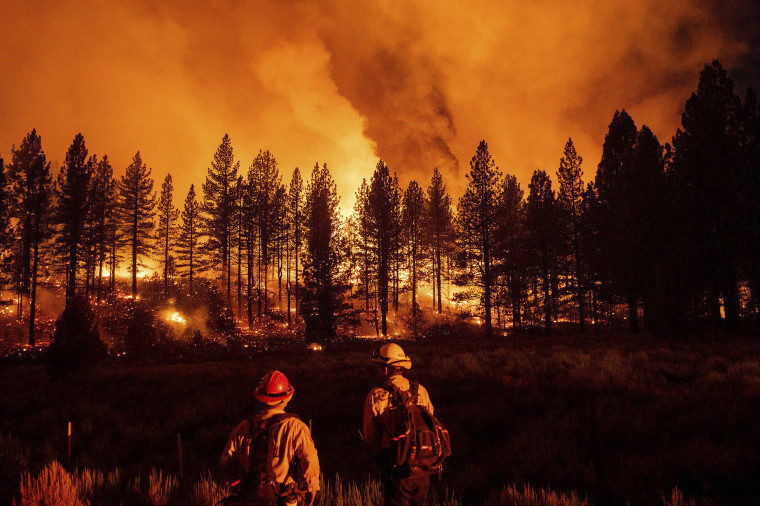 Image: Firefighters monitor the Sugar Fire, part of the Beckwourth Complex Fire, burning in Plumas National Forest, Calif., July 8, 2021.