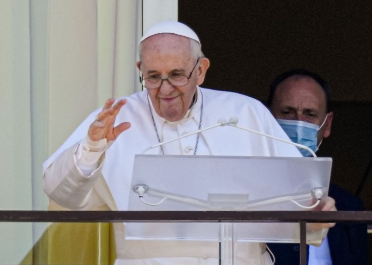 Pope Francis appears on a balcony of the Agostino Gemelli Polyclinic in Rome, Sunday, July 11, 2021.